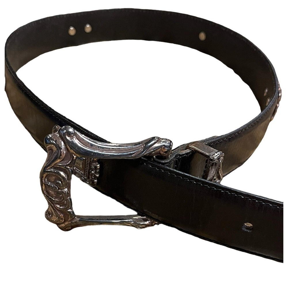 Fossil Belt Black  Women's M 1" Width 34" Length Metal Trim Leather Some Tarnish